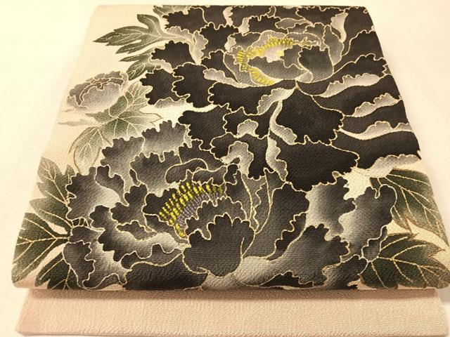 平和屋着物●九寸開き名古屋帯　牡丹　金彩　鬼しぼ縮緬　正絹　逸品　CABM3127vp