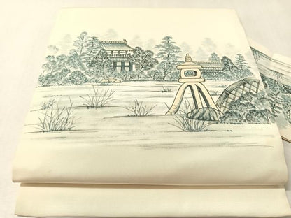 平和屋着物●塩瀬　九寸八寸名古屋帯　手描き　風景文　正絹　逸品　CABM3142vp