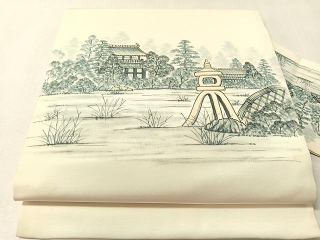 平和屋着物●塩瀬　九寸八寸名古屋帯　手描き　風景文　正絹　逸品　CABM3142vp