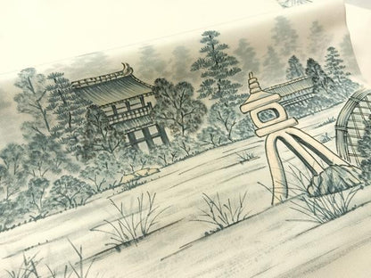 平和屋着物●塩瀬　九寸八寸名古屋帯　手描き　風景文　正絹　逸品　CABM3142vp