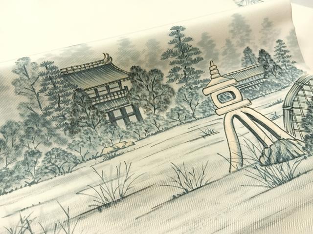 平和屋着物●塩瀬　九寸八寸名古屋帯　手描き　風景文　正絹　逸品　CABM3142vp