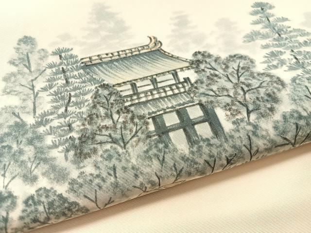 平和屋着物●塩瀬　九寸八寸名古屋帯　手描き　風景文　正絹　逸品　CABM3142vp