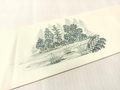 平和屋着物●塩瀬　九寸八寸名古屋帯　手描き　風景文　正絹　逸品　CABM3142vp