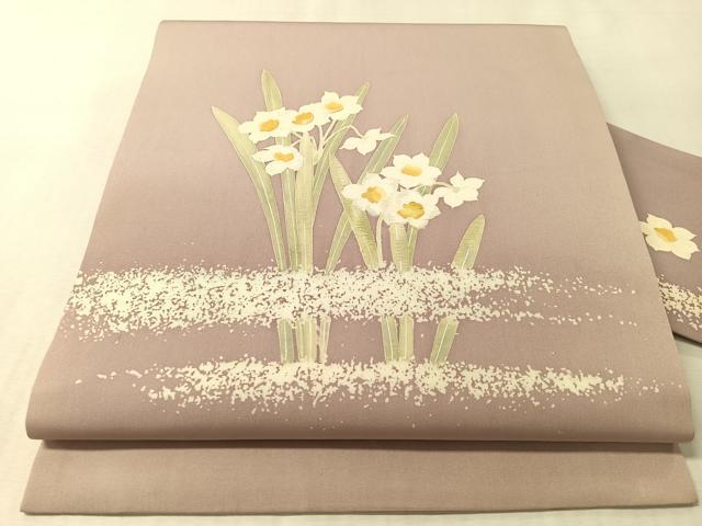平和屋着物●塩瀬　九寸名古屋帯　刺繍　草花文　正絹　逸品　CABM3145vp