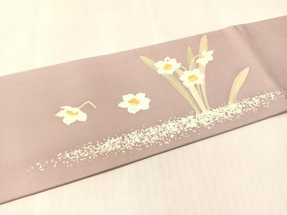 平和屋着物●塩瀬　九寸名古屋帯　刺繍　草花文　正絹　逸品　CABM3145vp