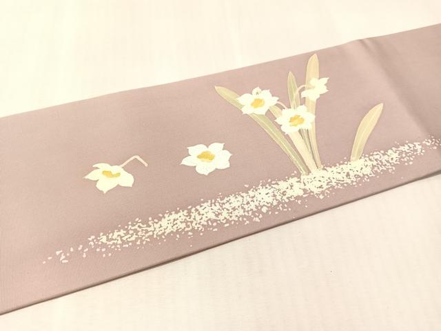 平和屋着物●塩瀬　九寸名古屋帯　刺繍　草花文　正絹　逸品　CABM3145vp