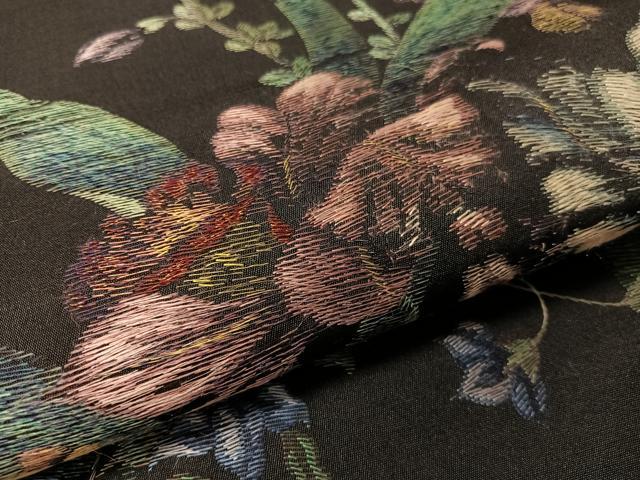 平和屋着物●九寸名古屋帯　総刺繍　草花文　黒地　金糸　正絹　逸品　CABM3187vp