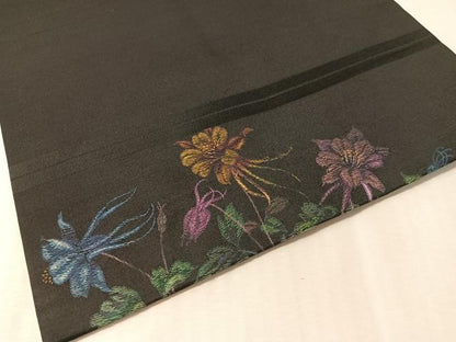 平和屋着物●九寸名古屋帯　総刺繍　草花文　黒地　金糸　正絹　逸品　CABM3187vp