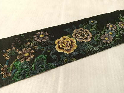 平和屋着物●九寸名古屋帯　総刺繍　草花文　黒地　金糸　正絹　逸品　CABM3187vp