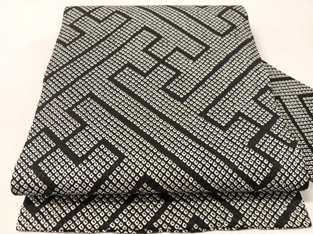 平和屋着物●九寸名古屋帯　総絞り　紗綾形文様　黒地　正絹　逸品　CABM3190vp