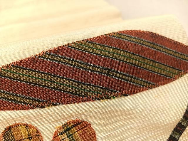 平和屋着物●九寸名古屋帯　紬地　パッチワーク　枝葉木の実　正絹　逸品　CABM3191vp