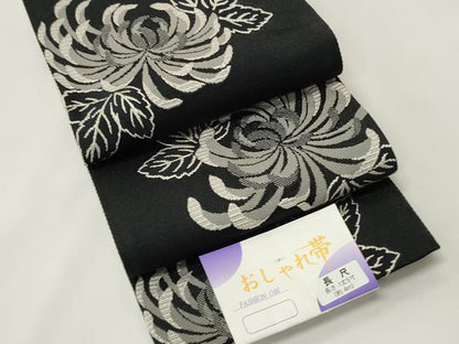 平和屋着物●両面　半幅帯　乱菊/矢羽根文　黒地　証紙付き　未使用　CABM3390ak
