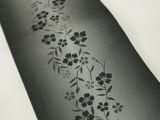 平和屋着物●半幅帯　草花文　黒地　未使用　CABM3400ak