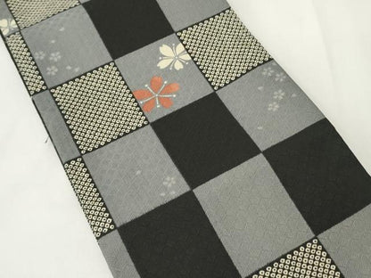 平和屋着物●両面　半幅帯　梅尽くし文/市松舞桜文　黒地　CABM3418ak