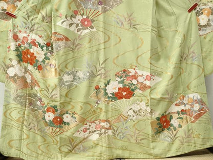 平和屋着物●豪華振袖　駒刺繍　流水扇面牡丹花文　金彩　正絹　逸品　CABM3641yc