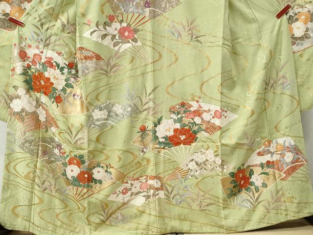 平和屋着物●豪華振袖　駒刺繍　流水扇面牡丹花文　金彩　正絹　逸品　CABM3641yc