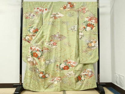 平和屋着物●豪華振袖　駒刺繍　流水扇面牡丹花文　金彩　正絹　逸品　CABM3641yc