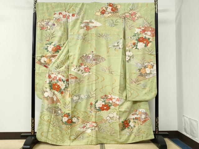 平和屋着物●豪華振袖　駒刺繍　流水扇面牡丹花文　金彩　正絹　逸品　CABM3641yc