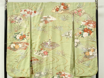 平和屋着物●豪華振袖　駒刺繍　流水扇面牡丹花文　金彩　正絹　逸品　CABM3641yc
