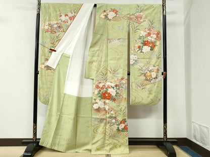 平和屋着物●豪華振袖　駒刺繍　流水扇面牡丹花文　金彩　正絹　逸品　CABM3641yc