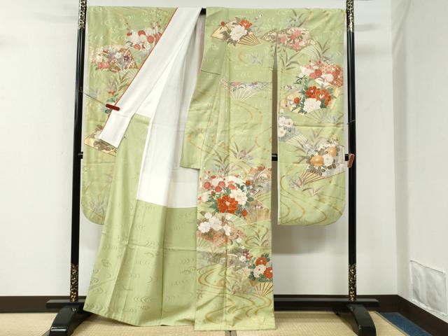 平和屋着物●豪華振袖　駒刺繍　流水扇面牡丹花文　金彩　正絹　逸品　CABM3641yc