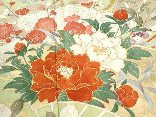 平和屋着物●豪華振袖　駒刺繍　流水扇面牡丹花文　金彩　正絹　逸品　CABM3641yc