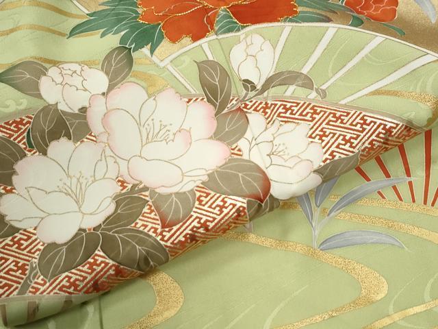 平和屋着物●豪華振袖　駒刺繍　流水扇面牡丹花文　金彩　正絹　逸品　CABM3641yc