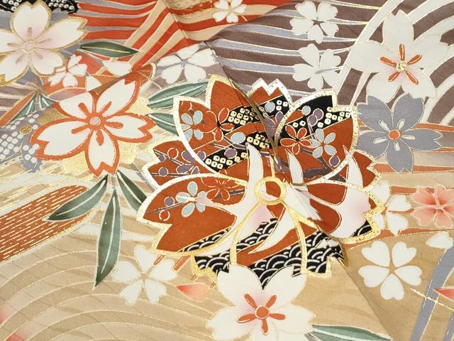 平和屋着物●谷崎潤一郎の世界　振袖　駒刺繍　立波舞桜御所車文　暈し染め　金彩　正絹　逸品　CABM3643yc
