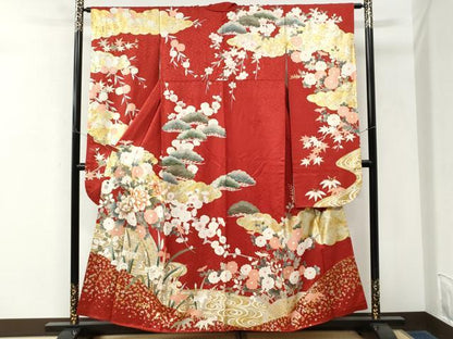 平和屋着物●豪華振袖　駒刺繍　雲取り流水牡丹草花文　金彩　正絹　逸品　CABM3645yc