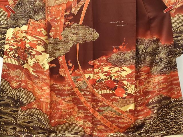 平和屋着物●豪華振袖　雲取り鬘帯松竹梅花文　暈し染め　金彩　正絹　逸品　CABM3661yc