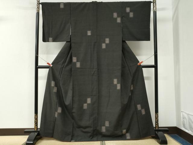 平和屋着物●上質な紬　絞り　色紙吉祥文　黒地　正絹　逸品　CABM3704yc
