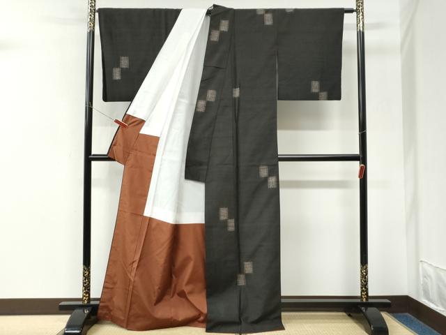 平和屋着物●上質な紬　絞り　色紙吉祥文　黒地　正絹　逸品　CABM3704yc