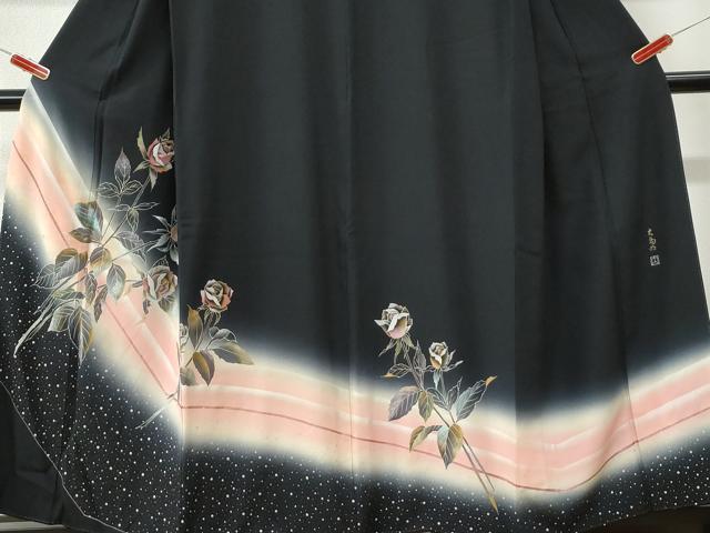 平和屋着物●染織作家　染織デザイナー　大島明　黒留袖　薔薇　金銀彩　正絹　逸品　CABM3711yc