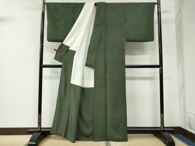 平和屋着物●上質な色無地　霞吉祥地紋　老竹色　正絹　逸品　CABM3742yc