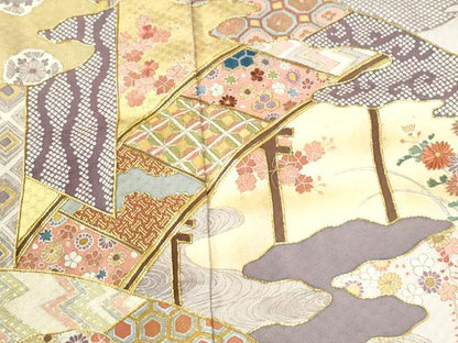 平和屋着物●豪華色留袖　駒刺繍　流水吉祥花唐草文　金彩　正絹　逸品　CABM3749yc