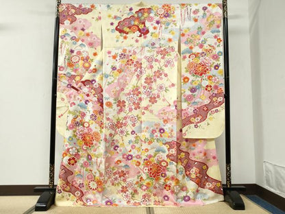 平和屋着物●豪華振袖　牡丹舞花文　ラメ糸　金彩　正絹　逸品　CABM3760yc