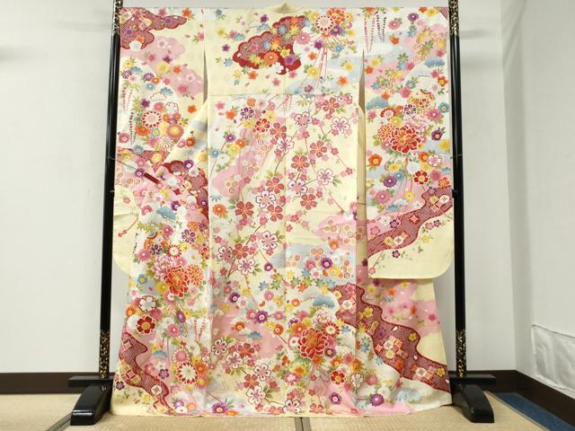 平和屋着物●豪華振袖　牡丹舞花文　ラメ糸　金彩　正絹　逸品　CABM3760yc