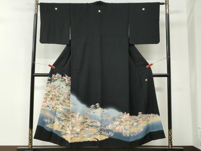 平和屋着物●本加賀友禅作家　鶴見保次　黒留袖　樹林渡り橋風景文　暈し染め　正絹　逸品　CABM3781yc