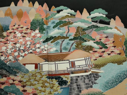 平和屋着物●豪華黒留袖　友禅　作家物　修學院　ロング丈　正絹　逸品　CABM3782yc