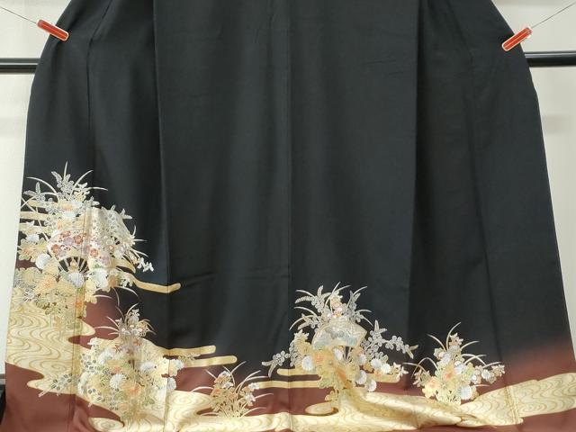 平和屋着物●豪華黒留袖　流水エ霞草花文　暈し染め　金彩　ロング丈　正絹　逸品　CABM3790yc