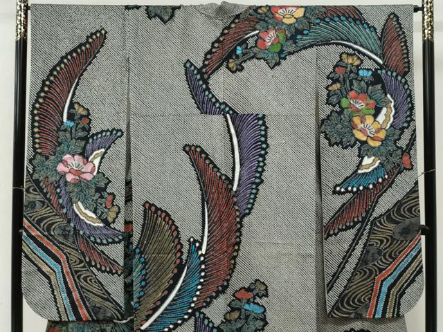 平和屋着物●豪華振袖　絞り　孔雀花文　黒地　金彩　正絹　逸品　CABM3799yc