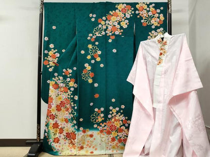 平和屋着物●豪華振袖・長襦袢セット　毬舞花文　暈し染め　金彩　半衿刺繍　正絹　逸品　CABM3826yc