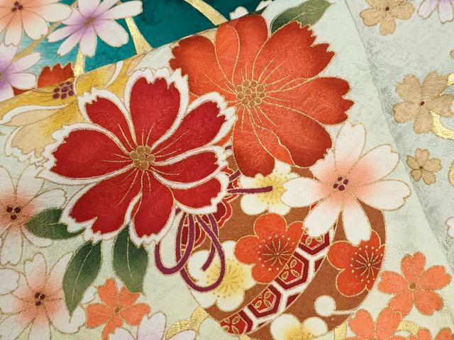 平和屋着物●豪華振袖・長襦袢セット　毬舞花文　暈し染め　金彩　半衿刺繍　正絹　逸品　CABM3826yc