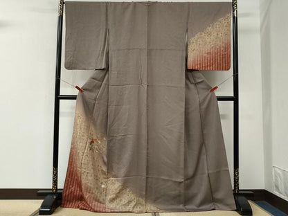 平和屋着物●訪問着　刺繍　花蝶文　暈し染め　金彩　ロング丈　正絹　逸品　CABM3866yc