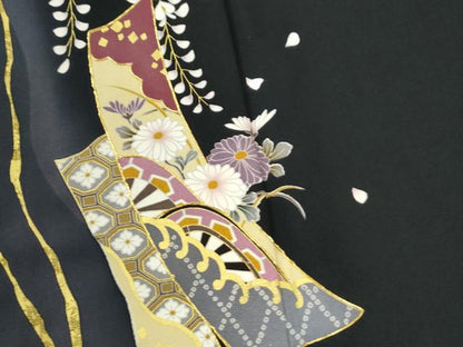 平和屋着物●訪問着　駒刺繍　短冊片輪車牡丹花文　暈し染め　黒地　金彩　正絹　逸品　CABM3899yc