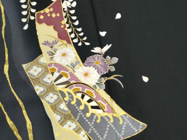 平和屋着物●訪問着　駒刺繍　短冊片輪車牡丹花文　暈し染め　黒地　金彩　正絹　逸品　CABM3899yc