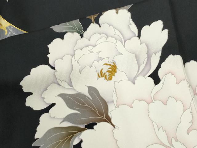平和屋着物●訪問着　駒刺繍　短冊片輪車牡丹花文　暈し染め　黒地　金彩　正絹　逸品　CABM3899yc