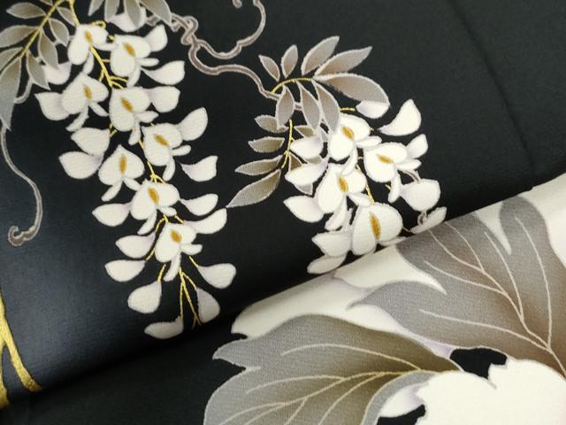 平和屋着物●訪問着　駒刺繍　短冊片輪車牡丹花文　暈し染め　黒地　金彩　正絹　逸品　CABM3899yc