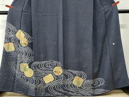 平和屋着物●訪問着　作家物　絞り　刺繍　流水万寿菊草花文　金通し地　正絹　逸品　CABM3915yc