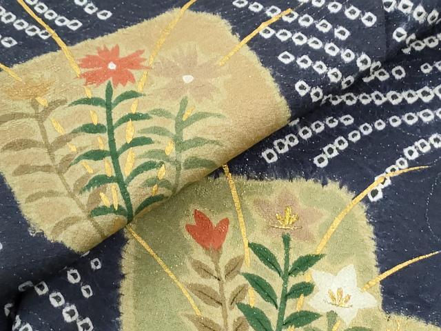 平和屋着物●訪問着　作家物　絞り　刺繍　流水万寿菊草花文　金通し地　正絹　逸品　CABM3915yc